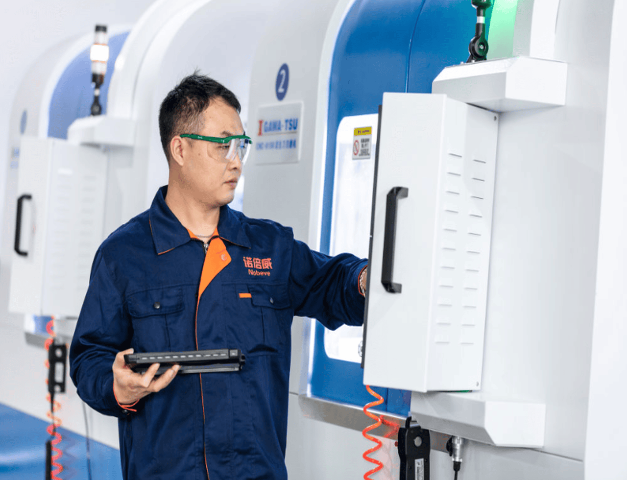 Close-up of a Nobeve solid carbide gear hob performing high-speed dry cutting on a hardened steel workpiece, generating sparks without the use of coolant