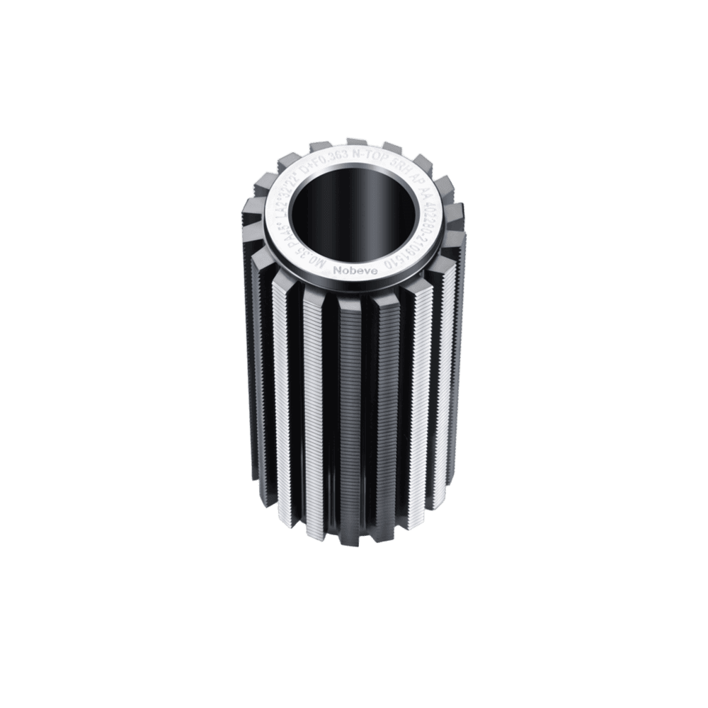 Detailed 3D diagram illustrating the nomenclature and key dimensions of a Nobeve gear hob, including outside diameter, bore, keyway, and hub face