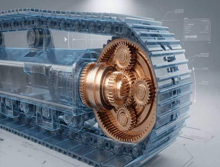 Construction Machinery Gear Application Overview Nobeve gear tools for construction machinery showing 3D rendering of high-torque travel motor and planetary gear system