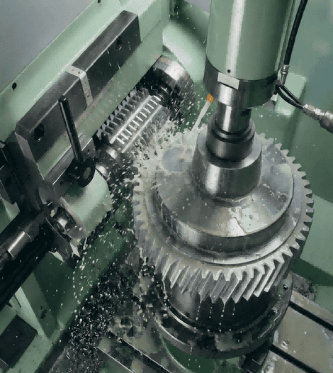 Nobeve precision gear cutting tool displayed alongside a finished machined gear workpiece, demonstrating high-accuracy profile generation capabilities